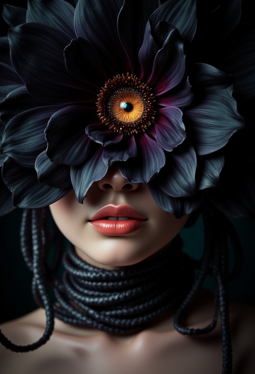 A close-up of a woman with a large, dark flower obscuring the upper portion of her face. In the center of the flower is a strikingly detailed eye with an orange iris, and the woman's neck is wrapped in multiple strands of black cord. 