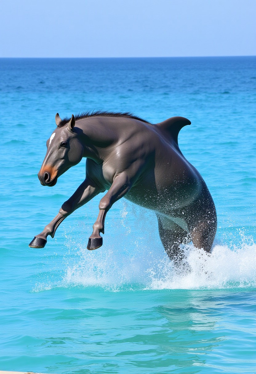 A fantastical creature that combines features of a horse and a dolphin mid-leap, emerging from the turquoise ocean water with a splash. The creature has the skin and fin of a dolphin, but the head, mane, and legs of a horse. The background shows a clear blue sky and a vast expanse of the ocean.