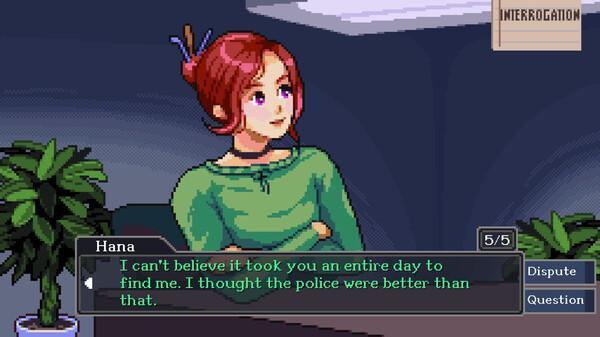 Gameplay screenshot of Paper Perjury. A red-haired female character with a red up-do named Hana is talking: I can't believe it took you an entire day to find me. I thought the police were better than that. There are buttons to "dispute" and "question" her.