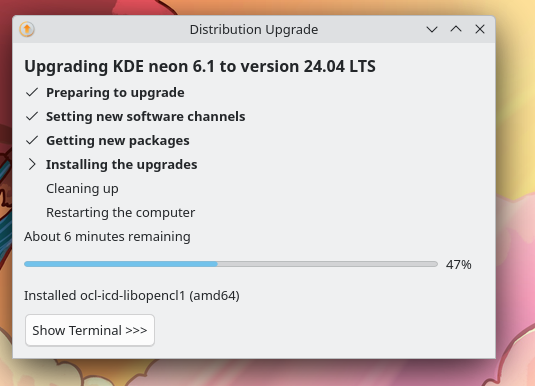 KDE's Plasma desktop showing upgrade of KDE Neon 6.1 to version Ubuntu 24.04 LTS