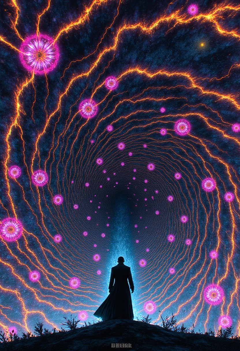 A surreal and scene where a silhouetted figure stands on a hill, facing a mesmerizing vortex of energy. The vortex is composed of glowing, pink, flower-like structures connected by spiraling orange lightning-like lines. The figure appears to be emitting a bright, blue light and gazing into the center of the vortex.