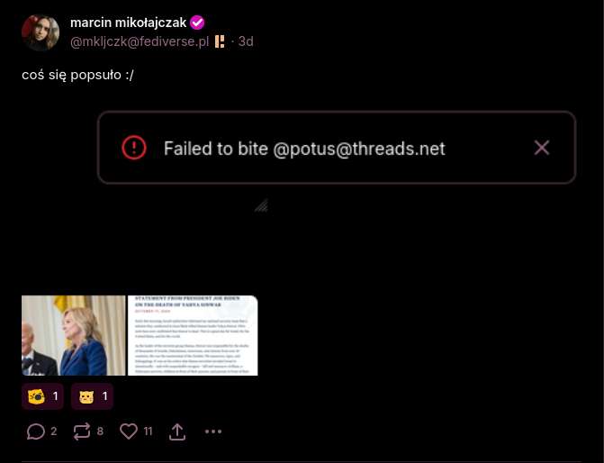 A notification that it failed to bite @potus@threads.net