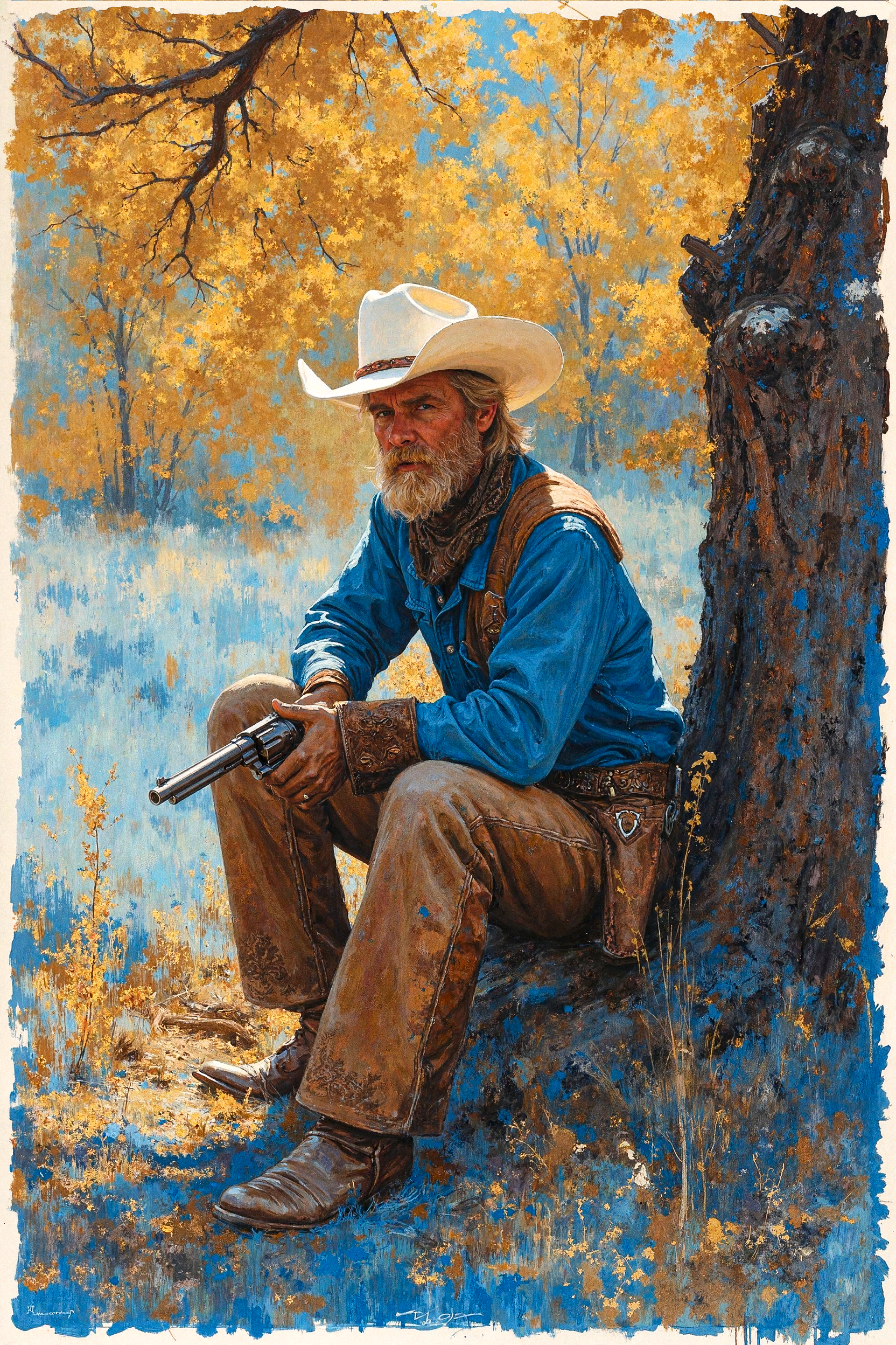 An old bearded cowboy sitting against a tree in an autumn setting. The cowboy is wearing a white hat, a blue shirt, brown pants, and boots. He is holding a revolver with both his hands, resting his elbows on his knees. The background features abstract yellow foliage and blue grass.