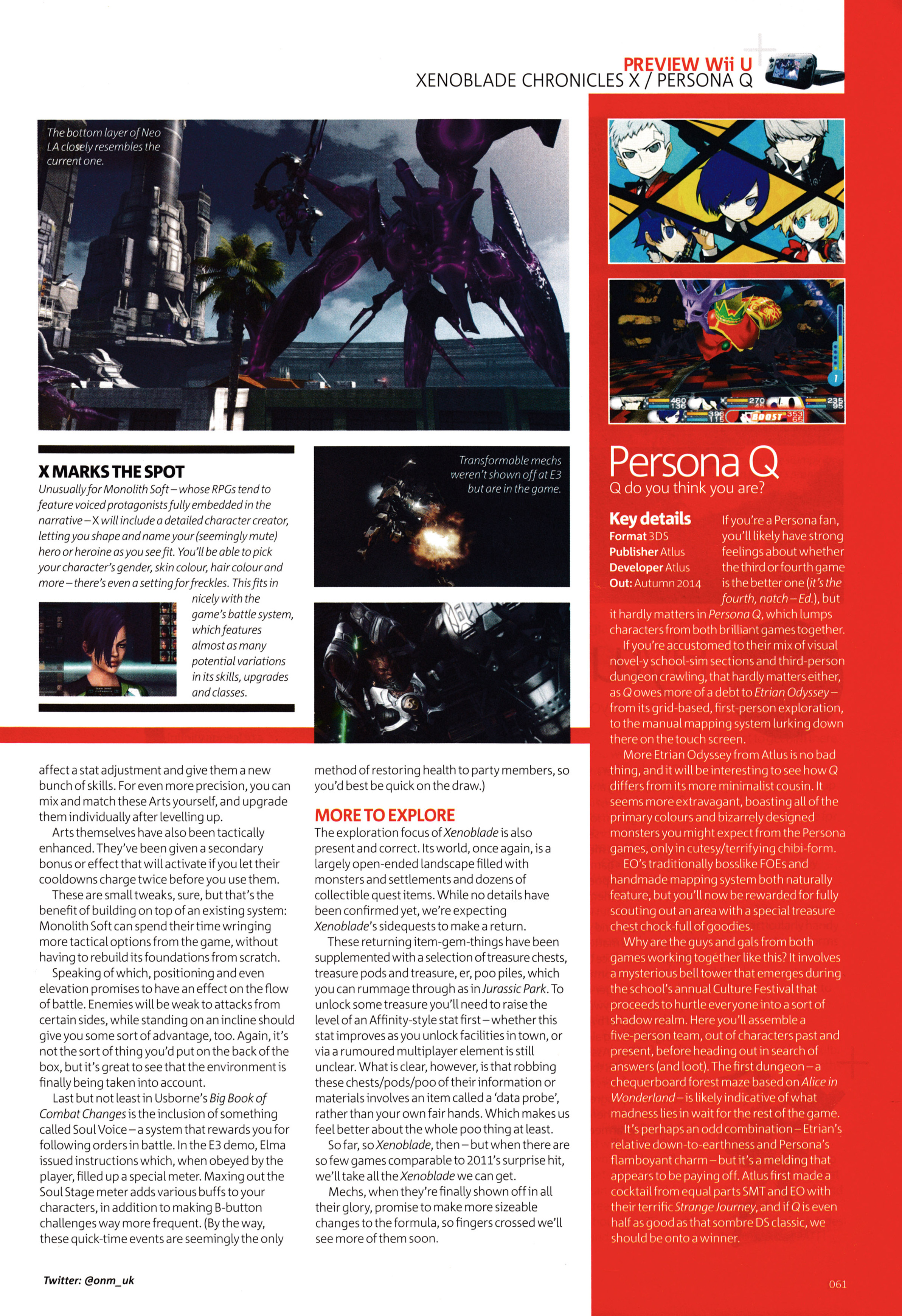 Preview for Xenoblade Cbhronicles X on Wii U and Persona Q on 3DS.
Taken from Official Nintendo Magazine 111 - September 2014 (UK)