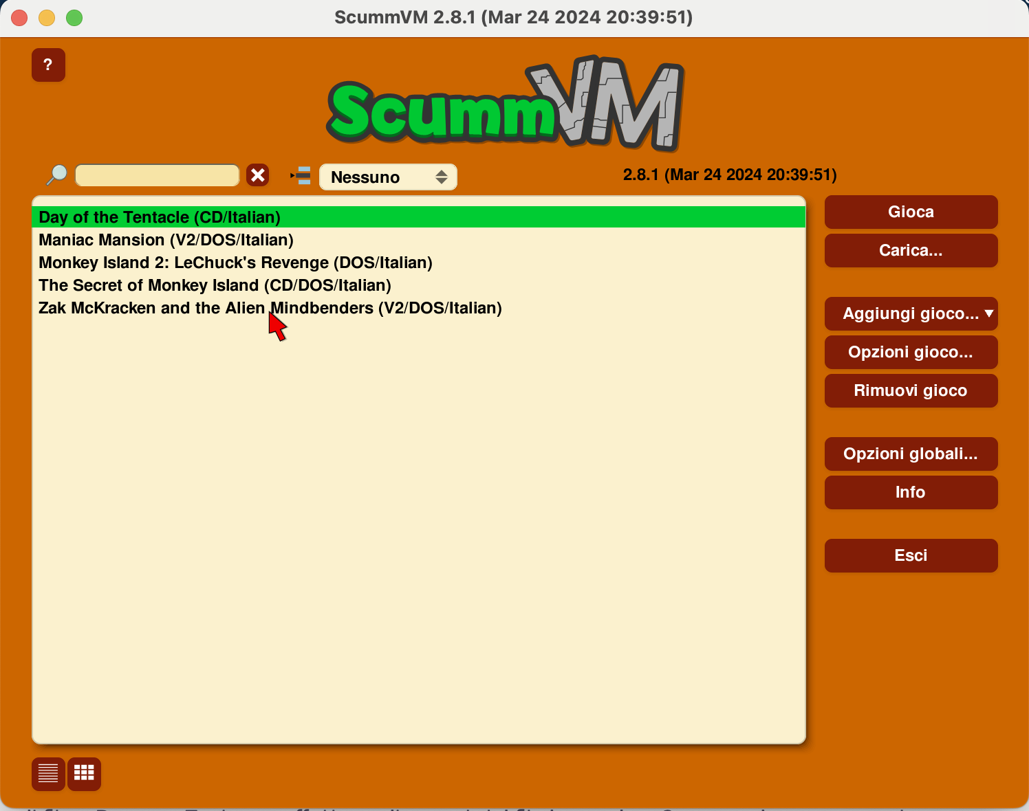 The screenshot shows the ScummVM 2.8.1 application interface on a macOS system, with the date and time displayed as "Mar 24 2024 20:39:51" at the top. The interface has an orange background. The list of available games is displayed in a beige box with the following titles:

Day of the Tentacle (CD/Italian)
Maniac Mansion (V2/DOS/Italian)
Monkey Island 2: LeChuck's Revenge (DOS/Italian)
The Secret of Monkey Island (CD/DOS/Italian)
Zak McKracken and the Alien Mindbenders (V2/DOS/Italian)

On the right side, there are various buttons for actions like "Gioca" (Play), "Carica..." (Load...), "Aggiungi gioco..." (Add game...), "Opzioni gioco..." (Game options...), "Rimuovi gioco" (Remove game), "Opzioni globali..." (Global options...), "Info," and "Esci" (Exit). The game "Zak McKracken and the Alien Mindbenders" is highlighted, and there is a mouse pointer pointing to it.