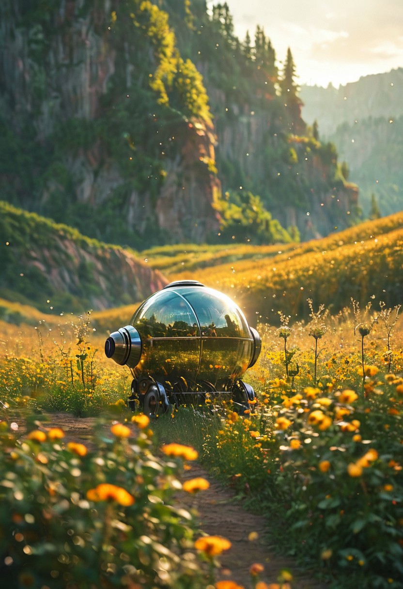 A futuristic, spherical robot with a reflective dome and body, standing amidst a lush field of yellow wildflowers. The setting is an outdoor landscape during golden hour, with the sun casting a warm glow. The background features tall cliffs partially covered by green foliage and the sky is clear with soft light permeating through it. Floating particles are visible around the robot, adding to the ambiance of the scene.