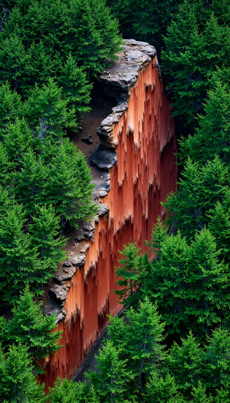 A natural scene where an unnatural rock formation is nestled within a dense forest of evergreen trees. The rock formation ends abruptly in a cliff with a jagged, vertical pattern that resembles reddish-brown cascading layers of sorted pixels, creating a visually captivating contrast with the surrounding greenery.