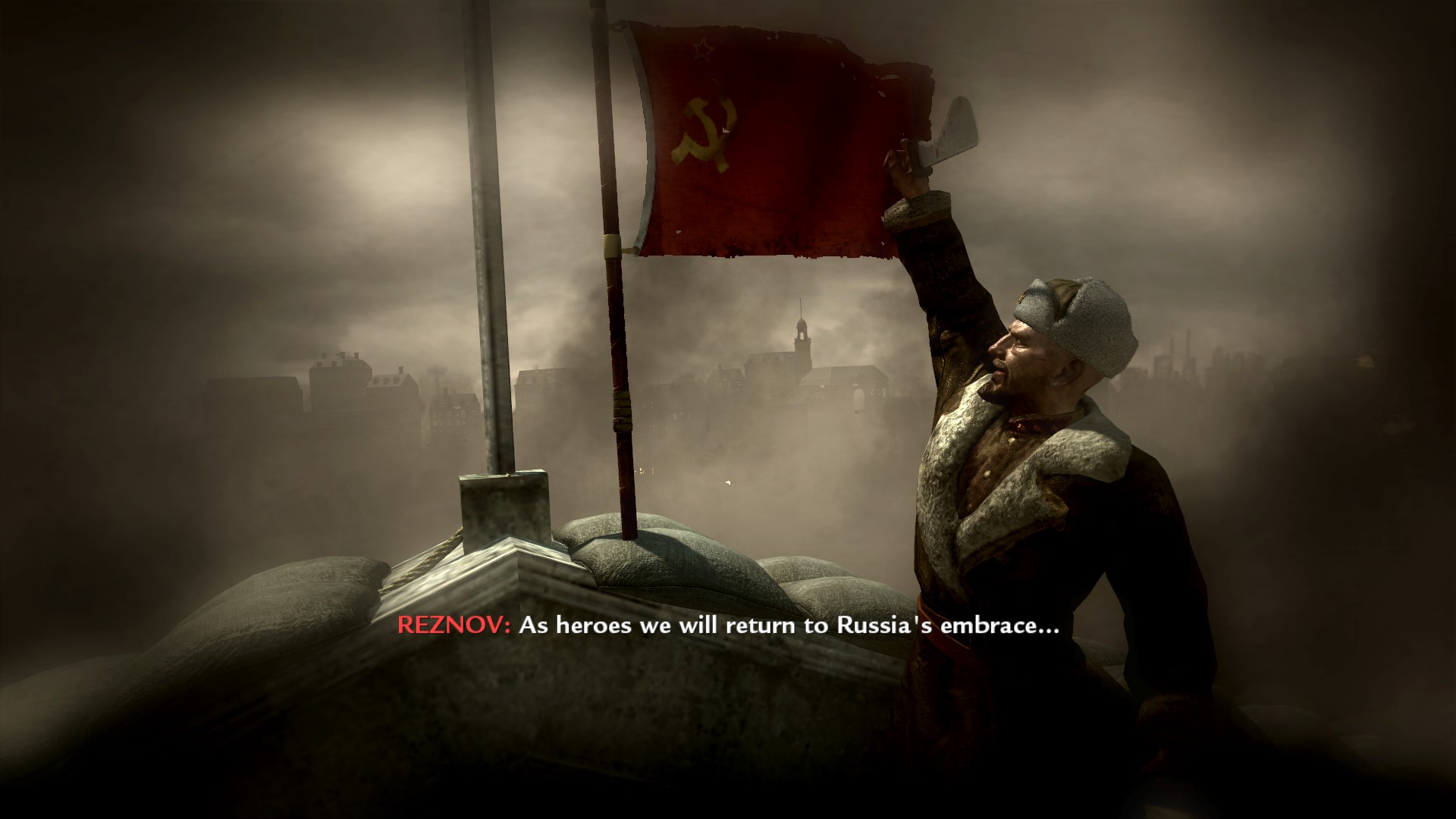 a screenshot from cod waw where reznov salutes to the ussr flag after it's being flown in the reichstag