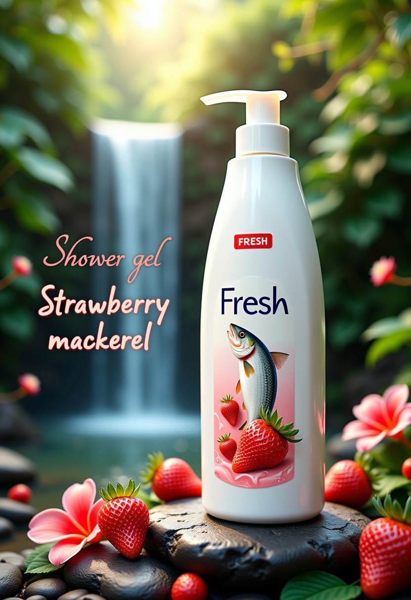 A product photo of a bottle of shower gel labeled "Fresh" with a unique "Strawberry mackerel" scent. The bottle is white with a pump dispenser and has an illustration of a fish and strawberries on the front and is surrounded by strawberries and flowers. It is set against the blurred background of green environment with a waterfall with the text "Shower gel Strawberry mackerel" prominently displayed to its left.