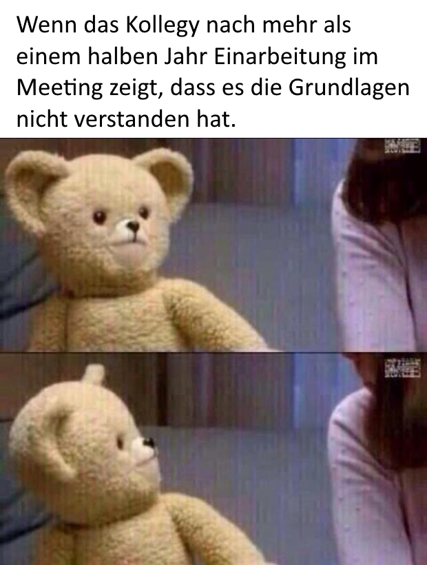 Text: „Wenn das Kollegy nach mehr als einem halben Jahr Einarbeitung im Meeting zeigt, dass es die Grundlagen nicht verstanden hat.“ Darunter ein Bild eines Teddybären, der sich zur Seite dreht und einen Menschen schockiert ansieht.