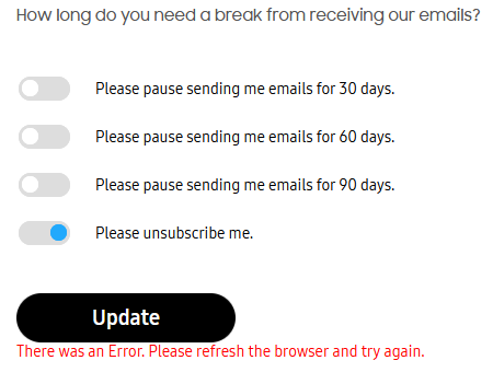 How long do you need a break from receiving our emails? Please pause sending me emails for 30 days. Please pause sending me emails for 60 days. Please pause sending me emails for 90 days. @  Please unsubscribe me. Update There was an Error. Please refresh the browser and try again. 